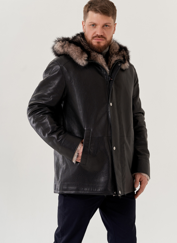 Мужская дубленка с капюшоном 