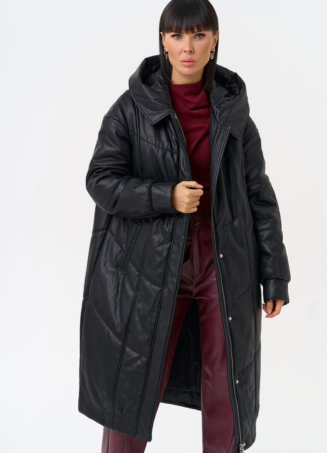 Женский пуховик из эко кожи со съемным эко мехом модель № 30718 универмаг малина