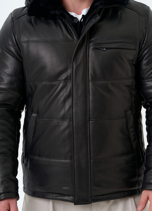 Мужской пуховик из натуральной кожи с капюшоном модель № 32048 универмаг малина