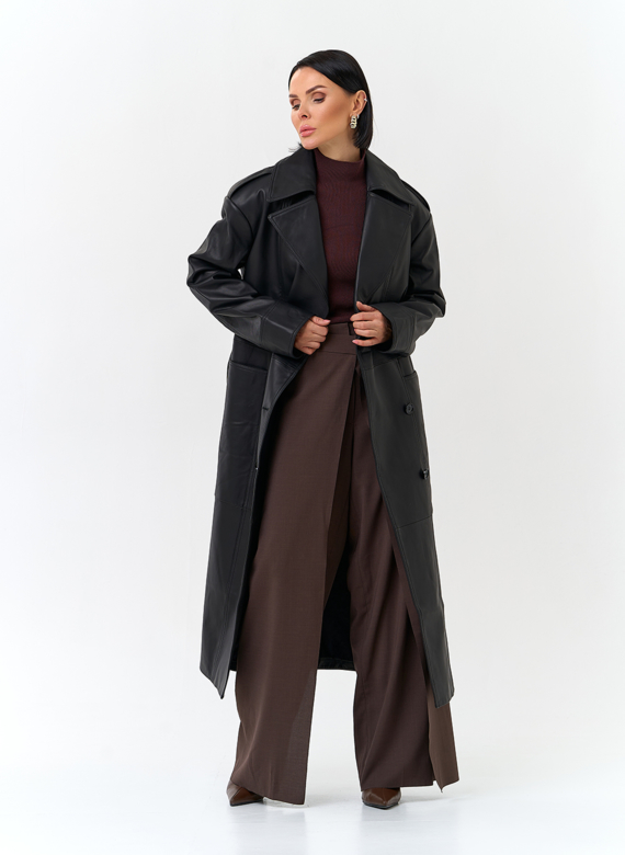 Женский плащ из натуральной кожи с поясом