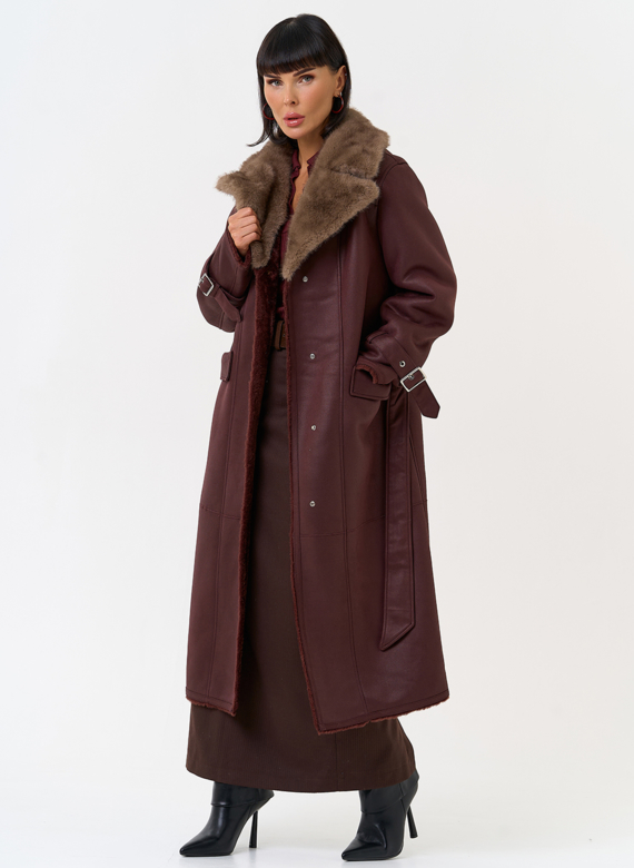Женская дубленка из эко замши с английским воротником