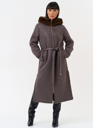 Женская дубленка из эко замши с поясом