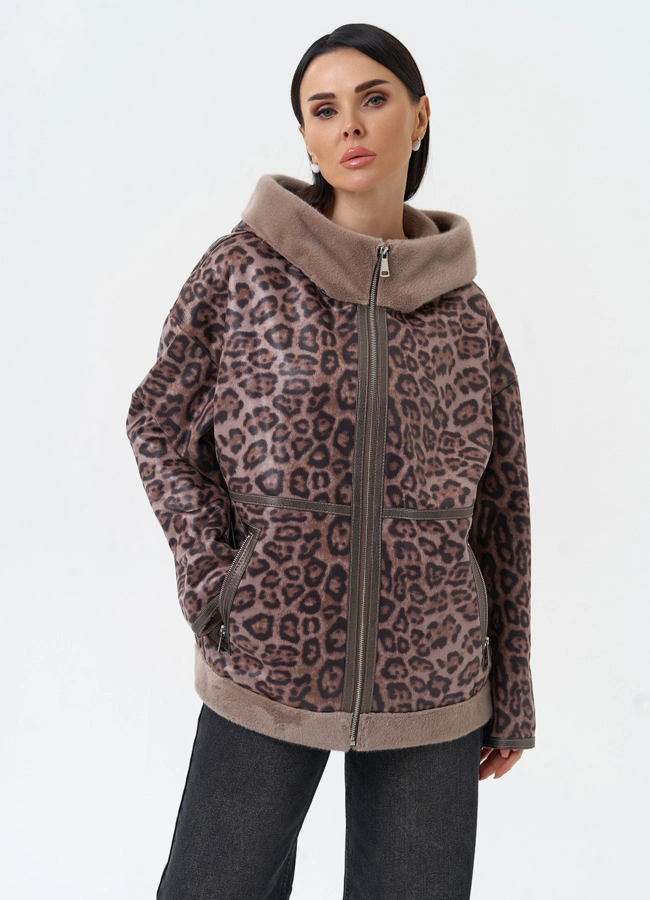 Женская дубленка из эко замши с капюшоном модель № 30208 меха малина