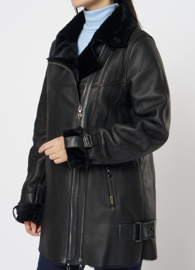 Удлиненная дубленка из овчины черного цвета модель № 5916 универмаг малина