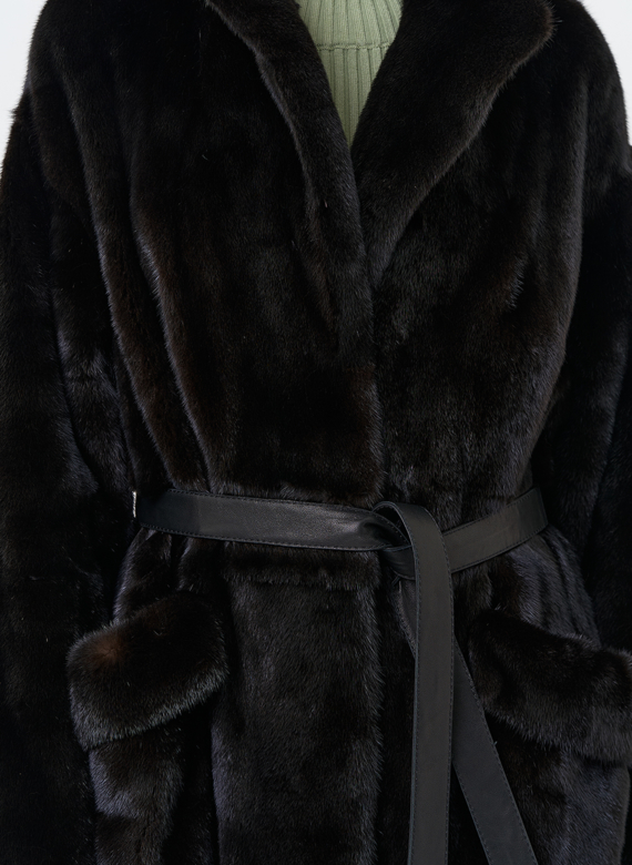 Длинная шуба из меха норки blackglama с поясом