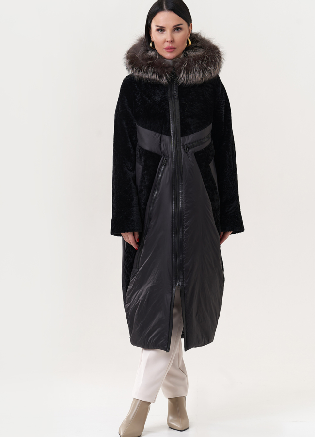 Комбинированный пуховик с овчиной модель № 26912 меха малина