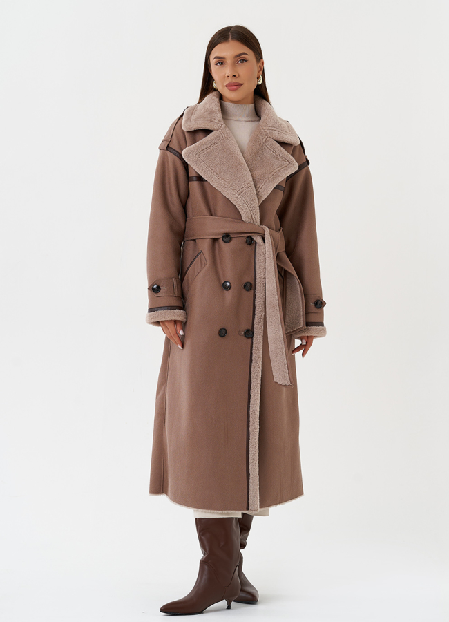 фото Женская дубленка из эко кожи с английским воротником модель № 28528