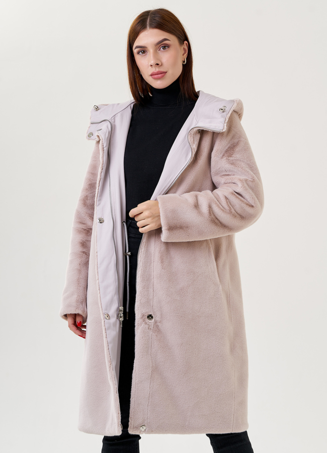 Двухстороннее пальто из эко меха с капюшоном модель № 25354 меха малина