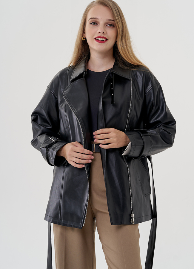 фото Утепленная весенняя куртка из эко кожи с поясом модель № 81224