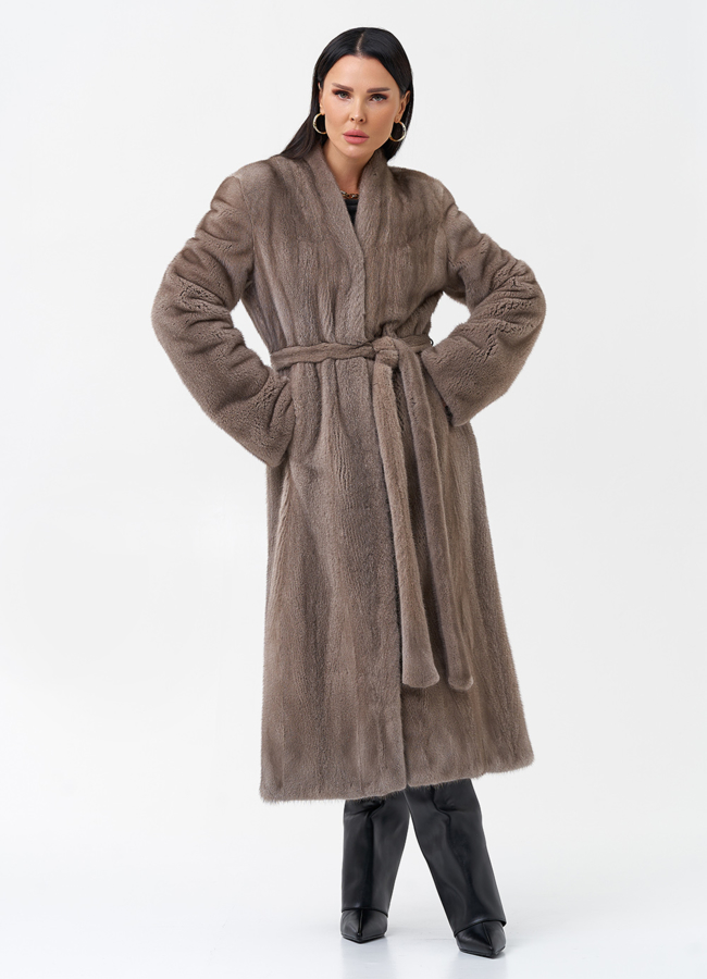 Длинная шуба из норки с поясом модель № 29088 универмаг малина