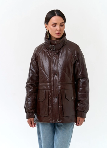Пуховик из натуральной кожи с отделкой из меха кролика