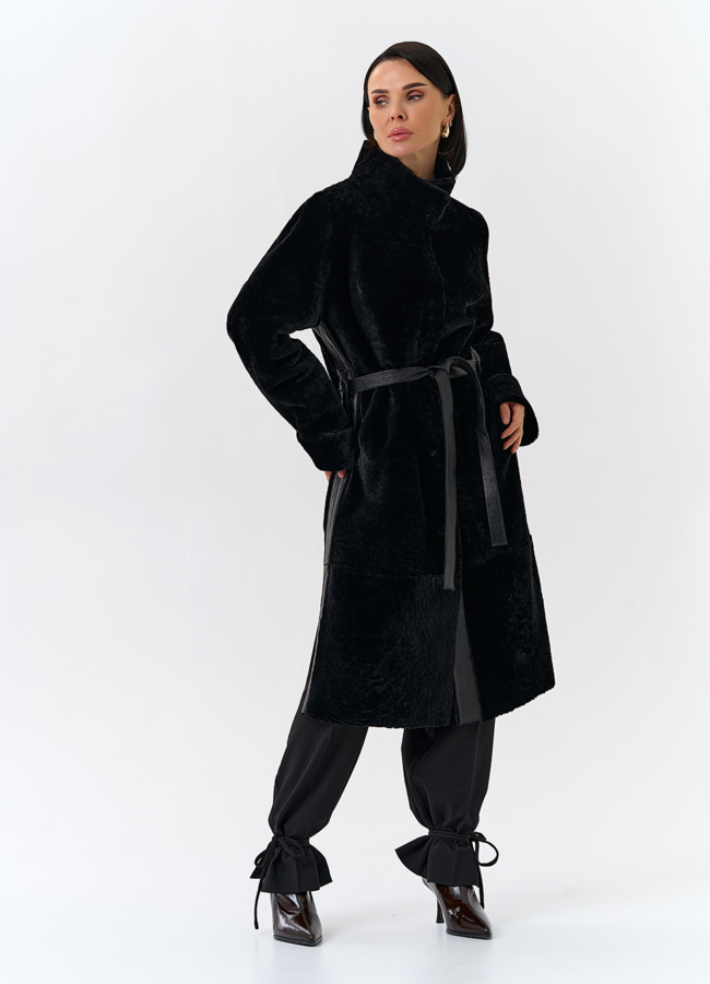 Женская двухсторонняя дубленка с поясом модель № 32198 универмаг малина