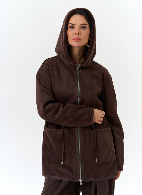 Двухсторонняя дубленка из эко замши с капюшоном