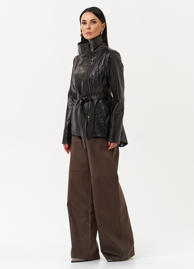 Удлиненная куртка из натуральной кожи с поясом модель № 10703 в рассрочку