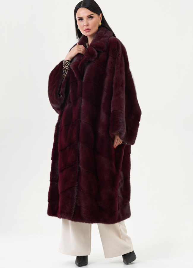 фото Шуба из меха норки бордового цвета модель № 24707