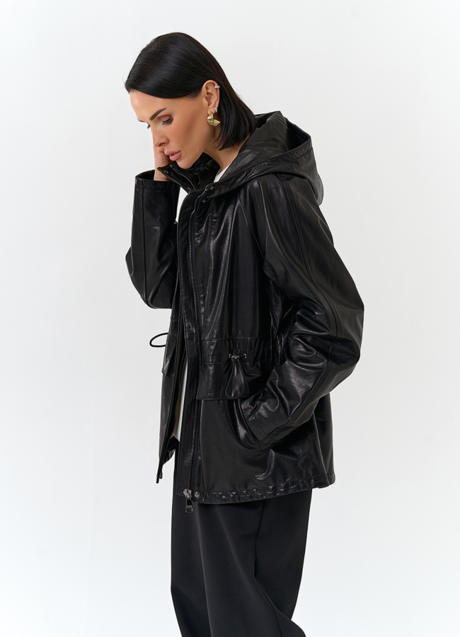 Женская куртка из натуральной кожи  с капюшоном модель № 32528 в рассрочку