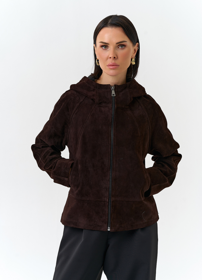 Женская куртка из натуральной замши с капюшоном модель № 32674 меха малина