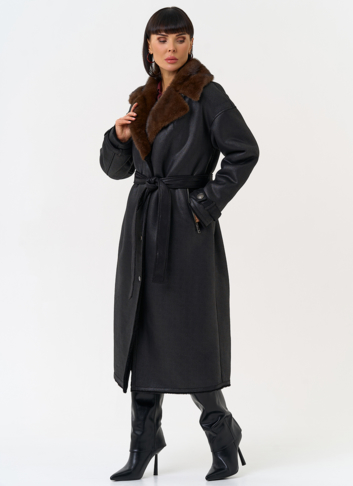 Женская дубленка из эко замши с английским воротником