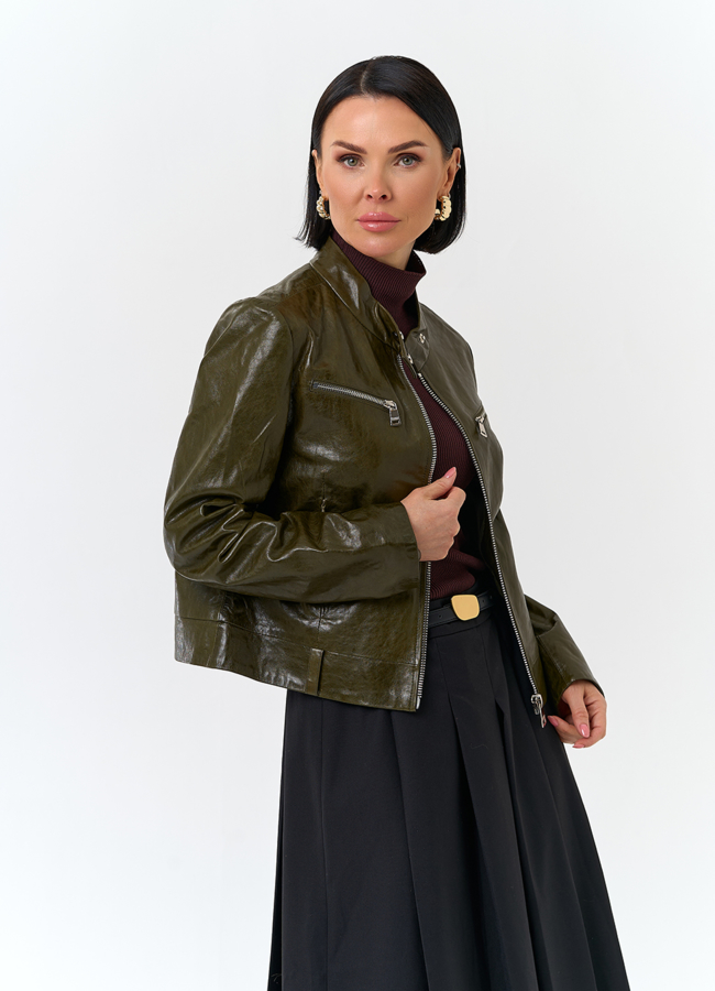 Женская куртка из натуральной кожи зеленого цвета модель № 32728 универмаг малина