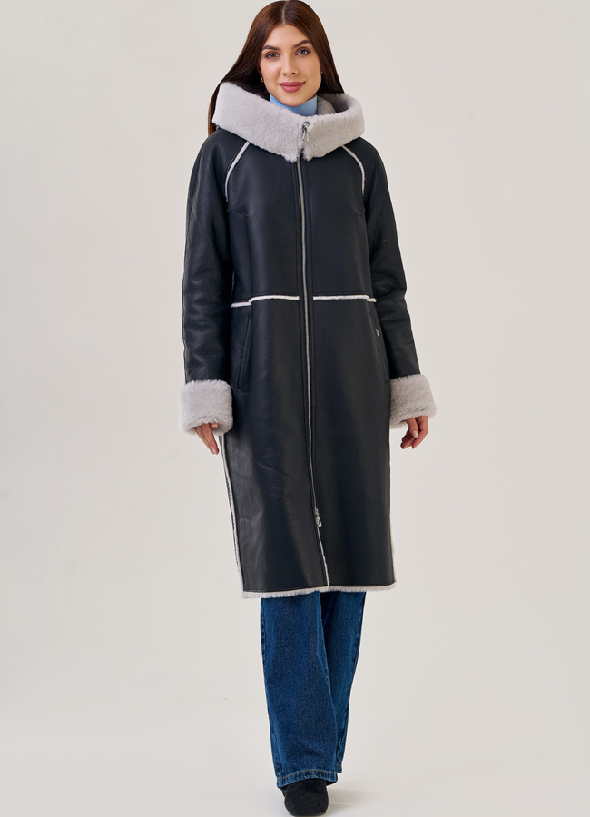 Женская дубленка с капюшоном модель № 24557 универмаг малина