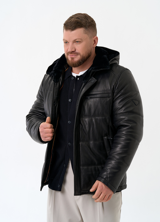 Мужской пуховик из натуральной кожи с капюшоном модель № 32048 универмаг малина