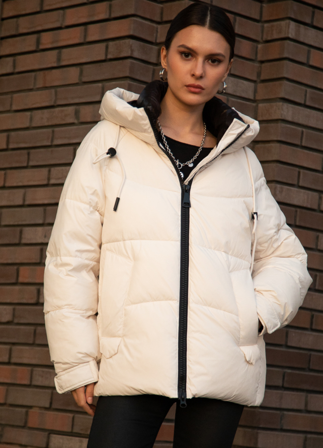 Женский пуховик с капюшоном  модель № 29115 меха малина