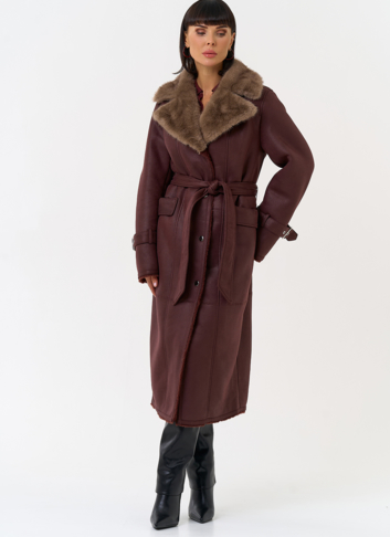 Женская дубленка из эко замши с английским воротником