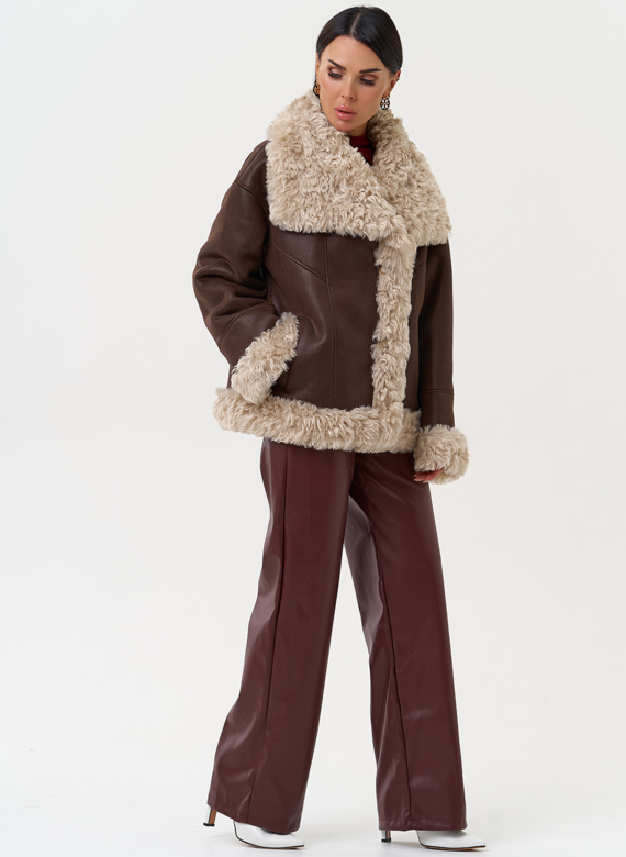 Дубленка из эко замши с высоким воротником