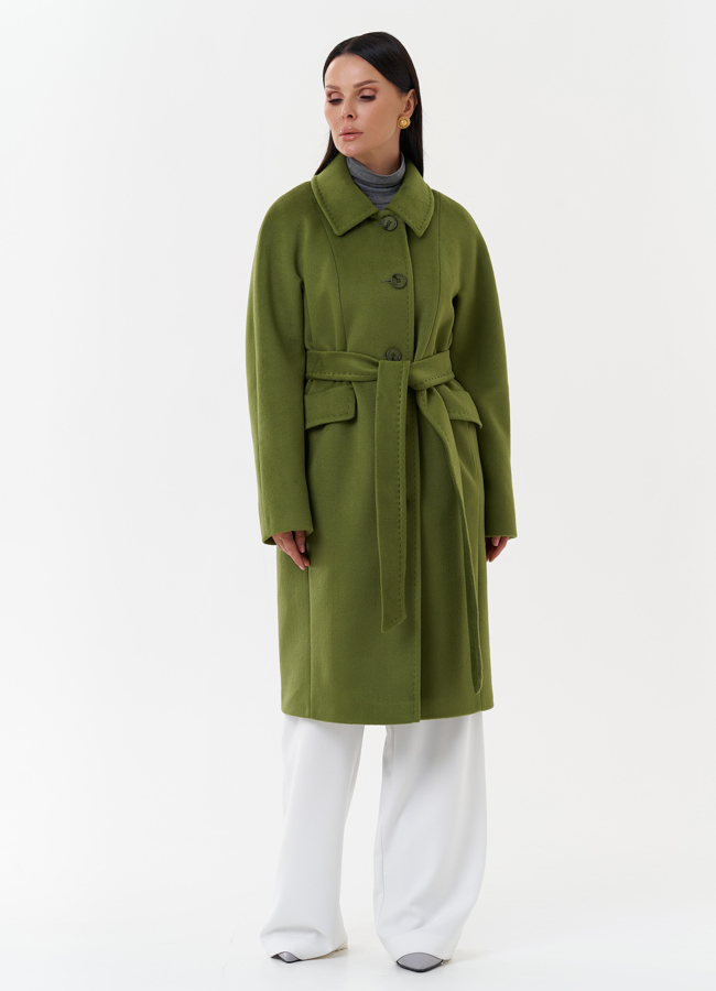 Женское пальто зеленого цвета с поясом модель № 27695 меха малина