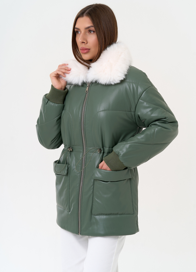 фото Женский пуховик из эко кожи с воротником из эко меха модель № 30723