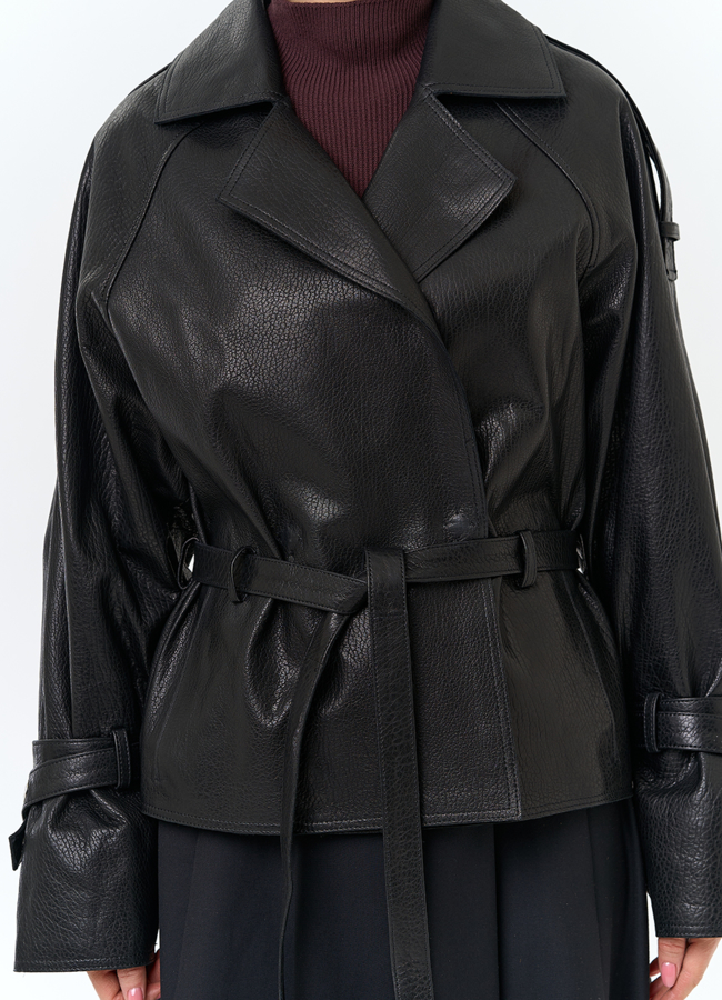 Женская куртка из натуральной кожи с поясом модель № 32886 универмаг малина