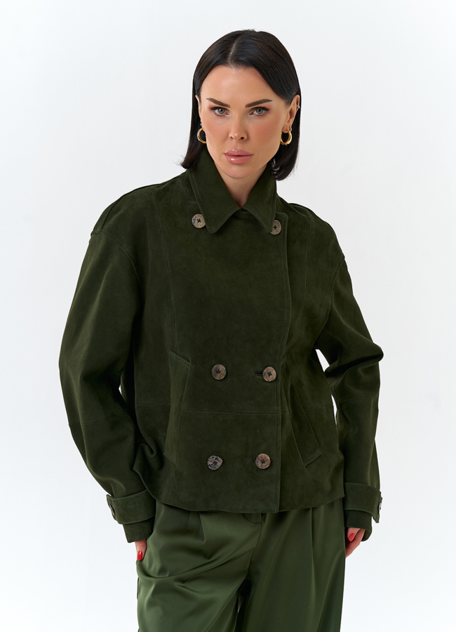 Женская куртка из натуральной замши модель № 32524 меха малина