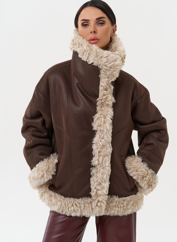 Дубленка из эко замши с высоким воротником