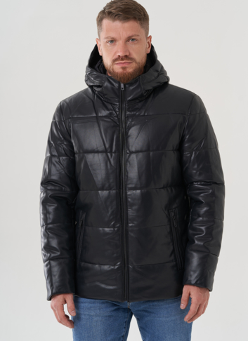 Пуховик мужской из эко кожи с капюшоном 