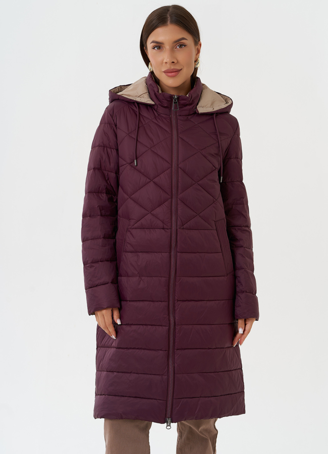 Стеганый пуховик бордового цвета с капюшоном модель № 28294 в кредит